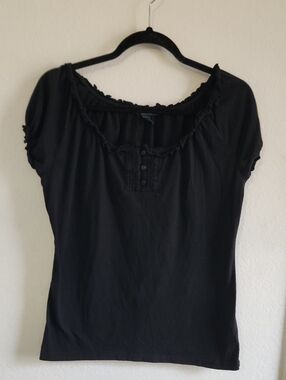 90's Lauren Ralph Lauren Black Short Sleeve Top with Ruffle Trim 100% Cotton M